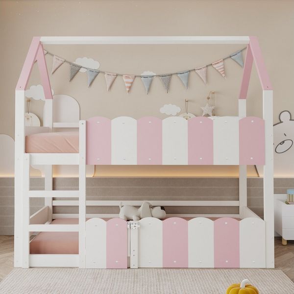 Flieks Etagenbett, Kinderbett Hausbett 90x200 cm mit Rausfallschutz und oberem Lattenrost