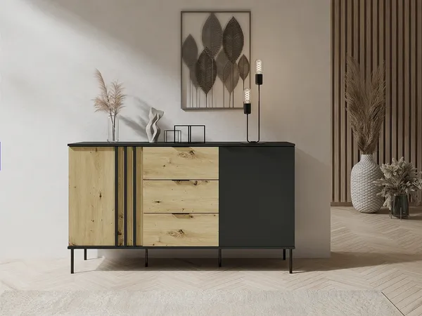 Vente-unique - TUNALO Sideboard Holz, Platte SchwarzBeige - B 40 cm x H 92 cm x L 165,1 cm