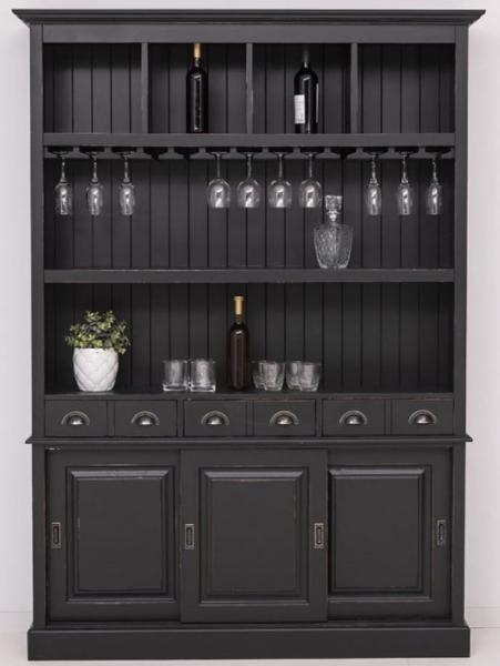 Casa Padrino Landhausstil Massivholz Barschrank Antik Schwarz 151 x 36 x H. 210 cm - Massivholz Weinschrank im Landhausstil - Massivholz Bar Möbel - Landhausstil Bar Möbel