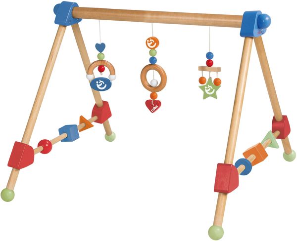 roba Baby Spielbogen aus Holz mit Ring, Kugel & Form Anhängern - Activity Center ab 3 Monaten - Montessori Spielzeug - Rot / Blau