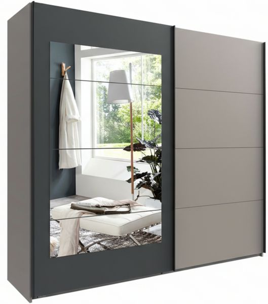 Schwebetürenschrank Kleiderschrank 3-türig mit Spiegel Zubehör in Sand Grau, modern, 225cm x 65cm x 208cm (BxTxH)