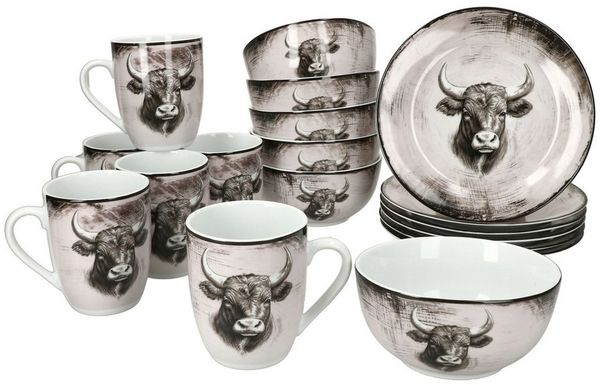 MamboCat Frühstücks-Geschirrset Toro 18tlg Frühstücksset Porzellan Kuhmotiv mit Müslischalen, Porzellan