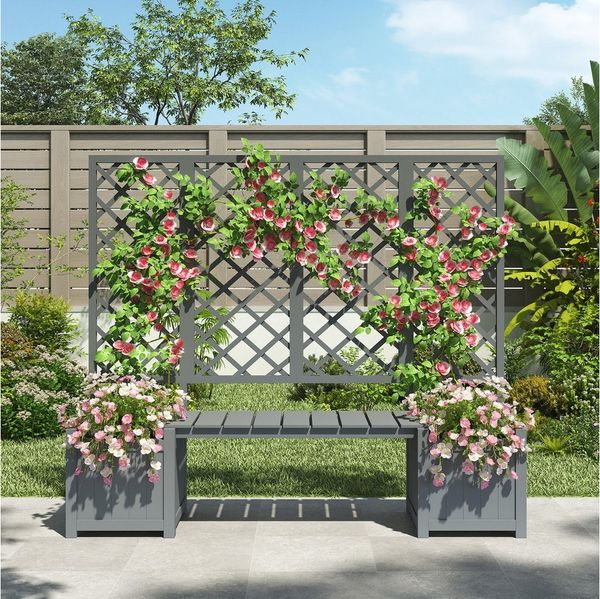 Flieks Pflanzkübel, Hochbeet Blumenkübel Pflanzkasten mit Spalier und Sitz 169 x 145 x 42 cm
