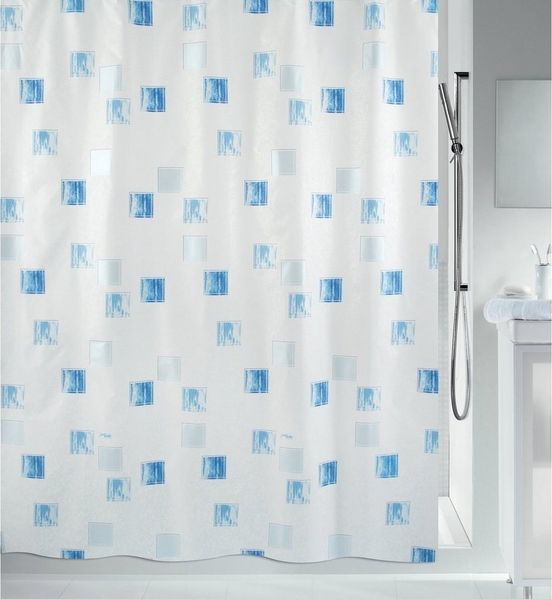 spirella Duschvorhang MILANO Breite 120 cm, Premium Textil-Duschvorhang, 100% Polyester, Made in Europe, wasserabweisend, Anti-Schimmel-Effekt, waschbar 30°, klassisches Design, Farbe weiß-blau, mit besonderem Pearl-Glanz-Effekt, Größe 120 x 200 cm