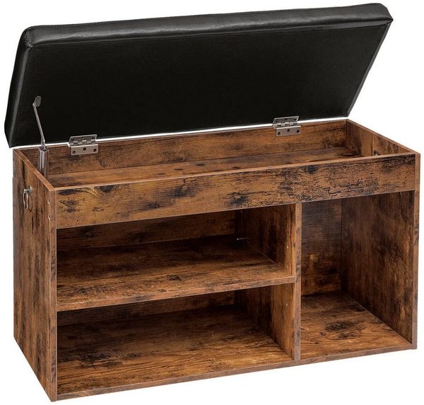 Hoobro Schuhbank mit Polster, Sitzbank mit 3 offenen Fächern (stabile Flurbank 82×31.5×46.5 cm, Stauraum unter der Sitzfläche), bis 150 kg belastbar, für Flur & Wohnzimmer
