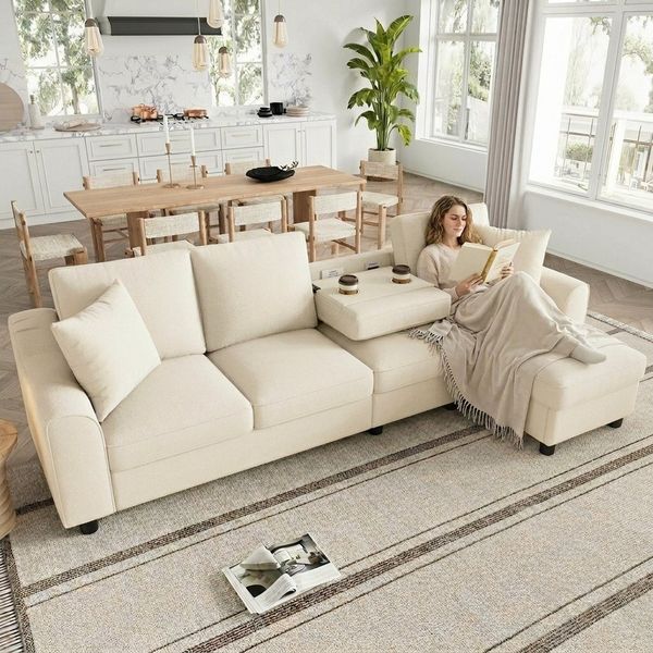 Merax Ecksofa L-Form Ecksofa 4 Sitzer, Chenille Sofa Mit Chaiselongue, 1 Teile, Klappbare Rückenlehne, Getränkehalter, Bettkasten, Stauraum, Couch