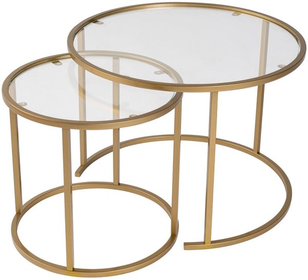 Dmora Set mit 2 Couchtischen Xaden, Niedriger Wohnzimmertisch, Kaffeeregal, Couchtisch für Sofa, 60x60 h43 cm, Gold und Transparent