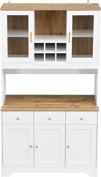 Hochschrank 94,5x30x175,5 cm mit 5 Türen, 3 Schubladen und offenen Fächern – MDF in Weiß mit Holzmaserung Bild 9
