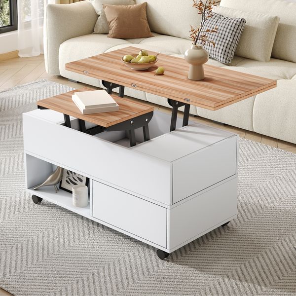Merax Couchtisch mit 4 Rollen, multifunktionaler Wohnzimmertisch mit 4 Schubladen, anhebbarer Kaffeetish, höhenverstellbar Sofatisch, Weiß + Holzfarbe