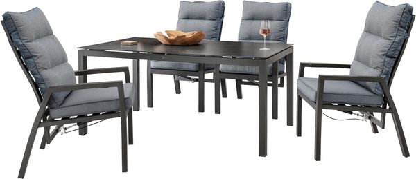 Destiny Garten-Essgruppe GARDA CREMONA, (5-tlg), 4 Hochlehner + 1 Tisch 160x90x74 cm, Tischplatte Glaskeramik