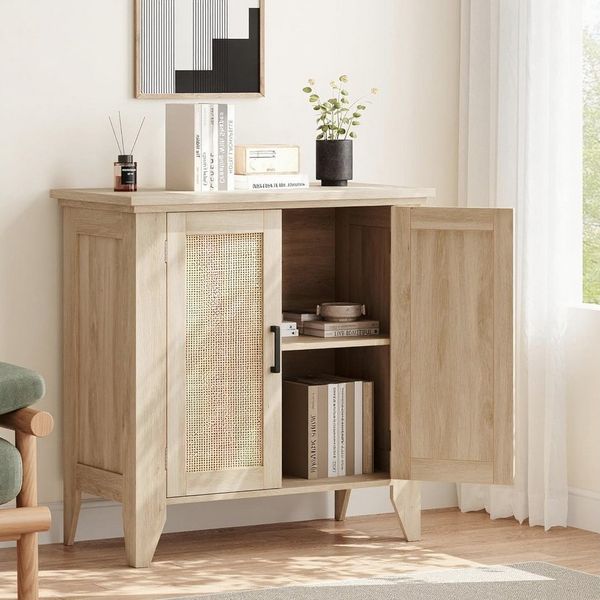 GarveeMore Sideboard rattan mit 2 Türen und verstellbaren Regalen,76x40x80cm, Küchenschrank,BuffetSchrank für Wohnzimmer,Esszimmer,Flur