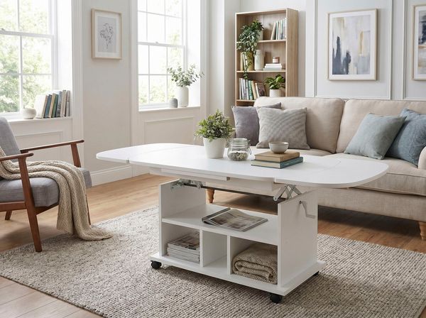 Hela Tische, Funktionscouchtisch Babsi, Holzwerkstoff melaminbeschichtet, Weiß, höhenverstellbar 53-63 cm, ausziehbar 107-157 cm, auf Rollen