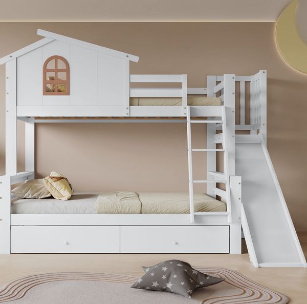 Etagenbett aus Kiefernholz und MDF mit Rutsche, 247x163,5x189 cm, Weiß, ohne Matratze