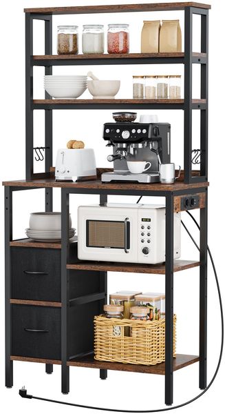 YITAHOME Küchenregal mit Steckdosen, 2 Steckdosen & 2 USB-Anschlüsse, kaffeebar, bäckerregal mit 2 Schubladen & 4 Haken, mikrowellen Regal, für Backofen, 80 x 40 x 168 cm, Vintagebraun & Schwarz