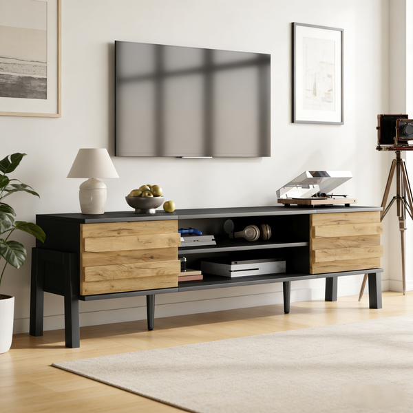 TV-Schrank 175x39,5x53 cm, Schwarz/Holzfarbe, mit 2 Schränken, offenen Fächern und verstellbaren Böden