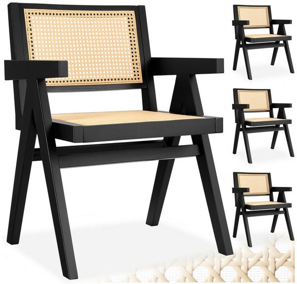 tectake Esszimmerstuhl Armlehnstuhl im Boho-Stil, 59 x 56,5 x 82,5 cm, Belastbarkeit 120 kg (Sessel Lissy in schwarz, 4 St), große Rückenlehne und Sitzfläche mit Wiener Geflecht, Holzgestell