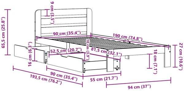 vidaXL Massivholzbett ohne Matratze Wachsbraun 90x190 cm Kiefernholz 3309865 Bild 11