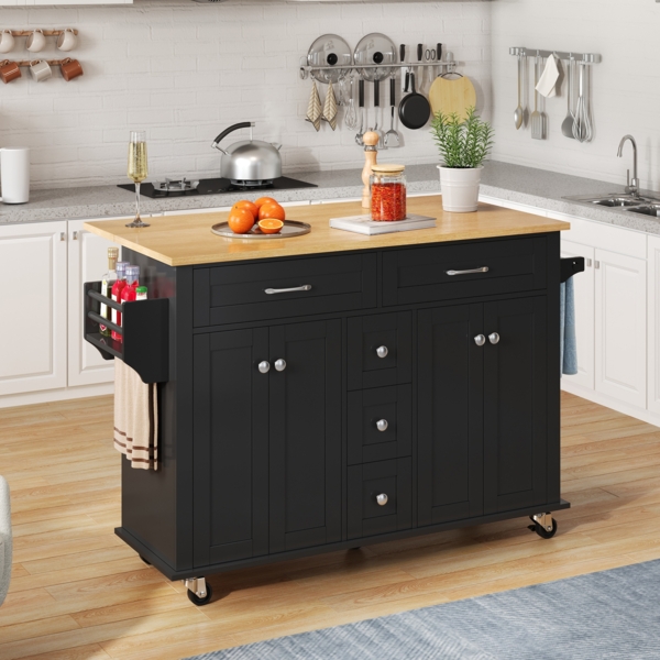 Merax 120cm Multifunktionaler Küchenwagen mit ausklappbarer Arbeitsplatte, mit 5 Schubladen, Schränken, Gewürz- & Handtuchhalter, auf Rollen, Schwarz+Natur
