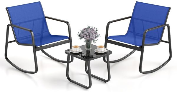 3-tlg. Gartenmöbel Set mit 2 Stühle & Tisch Balkonset mit Sanfter Schaukelbewegung Blau