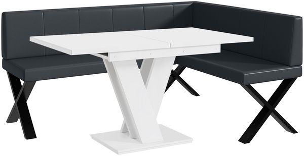 MEBLINI Eckbank für Esszimmer mit ausziehbarem Tisch - Küchenbank - Essecke - Sitzecke Küche - PETER - X-Beine 128x168x87cm Rechts - Dunkelgrau Kunstleder/M Weiß Matt
