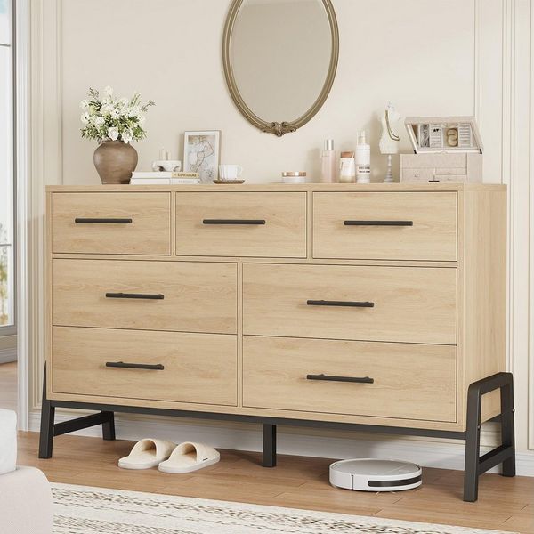 GarveeMore Kommode 7 Schubladen Hochkommode Schubkastenkommode Anrichte Kombikommode, Modernes Design Sideboard Holz-Aufbewahrungsschrank 132 x 41 x 81 cm