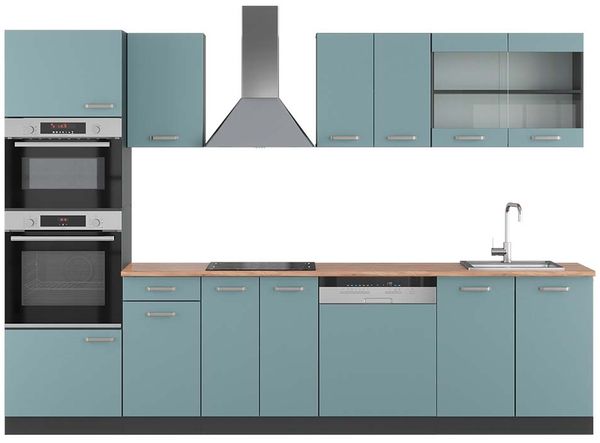 Küchenzeile R-Line Blau-Grau/Anthrazit 300 cm mit Hochschrank, AP Eiche Vicco