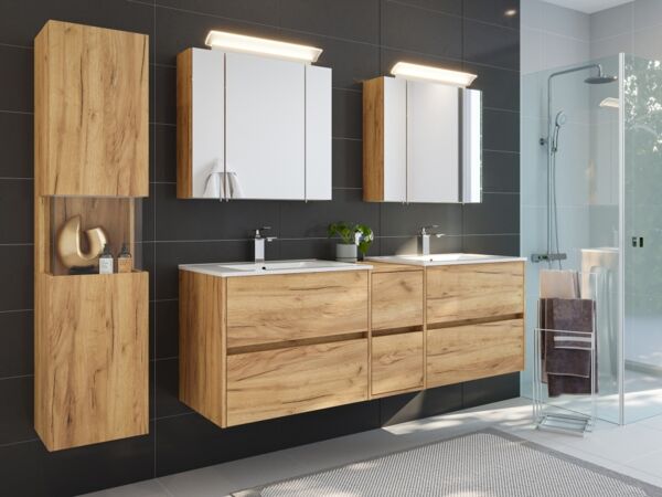 Badmöbelset Taifun 170cm 4tlg mit 2x Spiegelschrank & Seitenschrank eiche gold : Eiche Gold