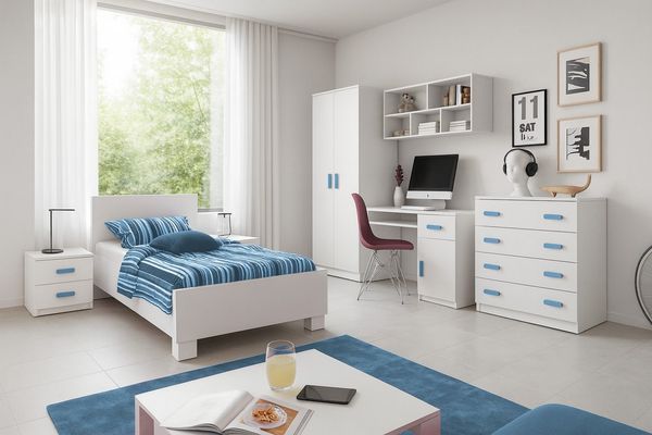 Deine Möbel 24 Jugendzimmer-Set INGE Jugendzimmer Jugendmöbel Kinderzimmer komplett 6-teilig, (Kindermöbel aus Laminatplatte, 6-tlg, Bett, Nachttisch, Schreibtisch, Hängeregal, Kleiderschrank, Kommode), Kinderzimmer Set Weiß Griffe Rosa Blau Grün Grau ...