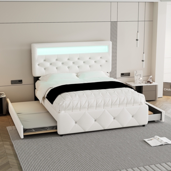 Polsterbett mit LED-Beleuchtung, Gästebett, Lattenrost und 2 Schubladen, 140x200 cm, Doppelbett mit Stauraum, Leinen, weiß