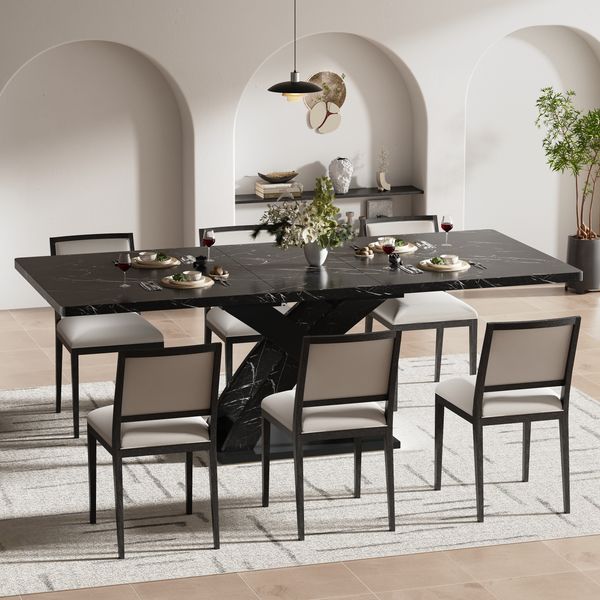 Esstisch ausziehbar Küchen- und Wohnzimmertisch MDF Metall X-Streben Schwarz-Weiß Muster flexibel modern