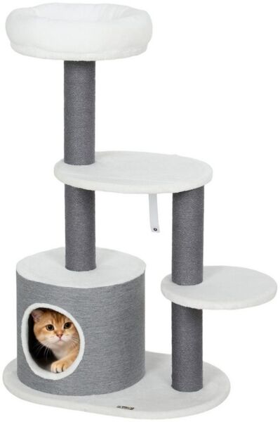 PawHut Kratzbaum mehrstöckiger Katzenkratzbaum mit Höhle, Kratzstämme, 3 Plattformen, für Katzen unter 4 kg, Grau+Weiß