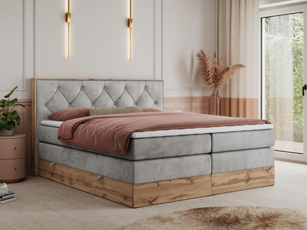 Boxspringbett VENETO KING, Doppelbett mit Multipocket-Matratze, Polsterbett mit Kopfstütze - 200 x 200 cm - Hellgrau Velvet - H3