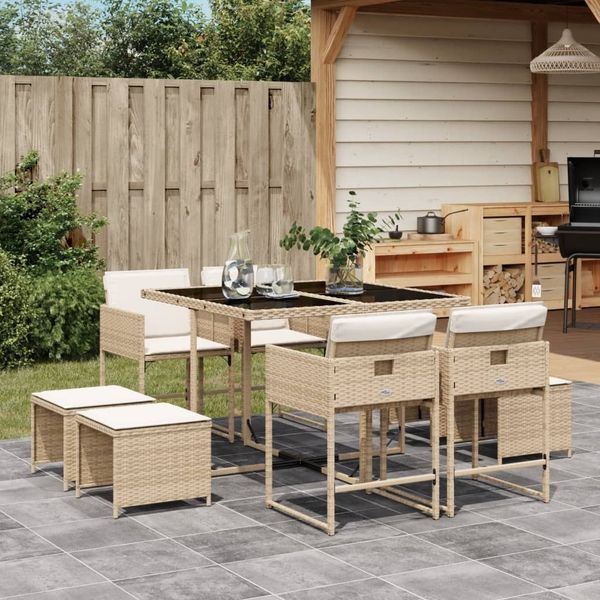 vidaXL 9-tlg. Garten-Essgruppe mit Kissen Beige Poly Rattan 3211318