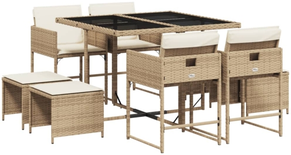 vidaXL 9-tlg. Garten-Essgruppe mit Kissen Beige Poly Rattan 3211318