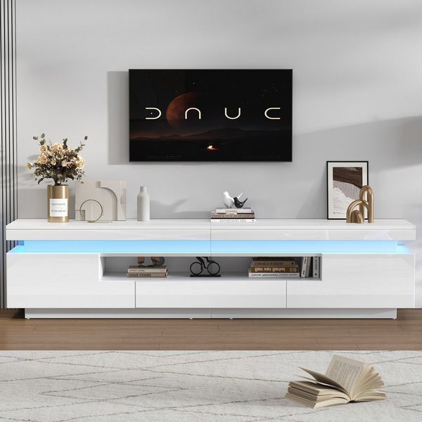 Merax Lowboard hochglanz TV-Schrank mit LED-Beleuchtung (175×38×45 cm, 1 St, Lowboard für Fernseher bis 75 Zoll, Weiß), Fernsehschrank mit 2 L-Schränken, 1 Schublade & halboffener Ablage