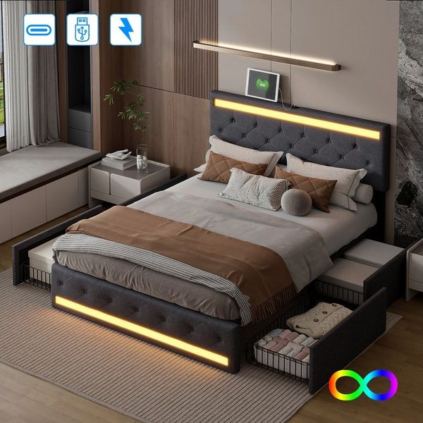 Furnishings Home Polsterbett Doppelbett Stauraumbett, Mit 4 Schubladen + LED + Anschluss (Set, Bett), Mit LED-Beleuchtung, USB & Type-C, Leinen, 180x200 cm