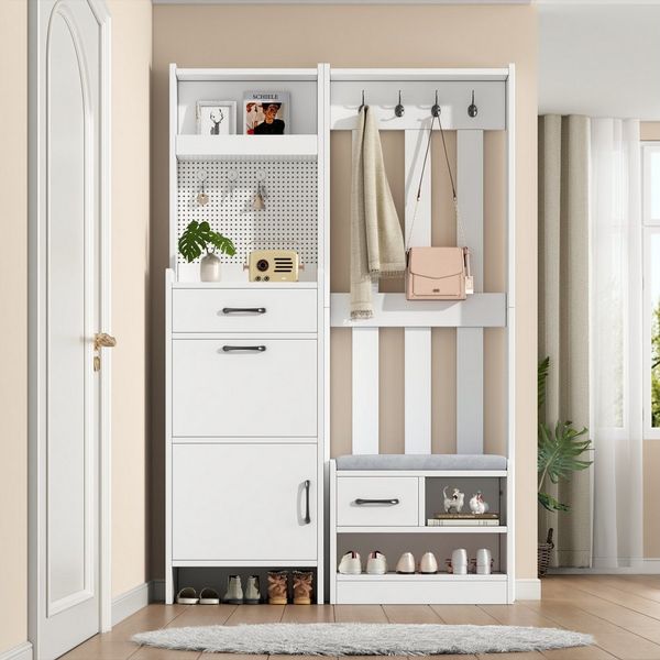 Merax Garderobenständer 7-in-1 Garderobenschrank in Weiß, (1 St, 110x35x175,5 cm), Garderobenständer mit Schuhbank, 2 Schubladen, Schrank, 7 Haken & Rega