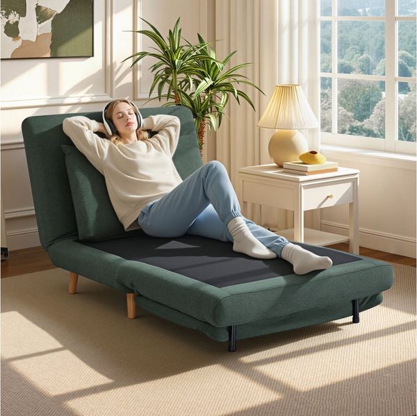 HOMCOM Schlafsessel 3-in-1 Klappbar Extra Breit Schlafsofa mit Bettfunktion, Lendenkissen Dick Gepolstert Relaxsessel mit Verstellbarer Rückenlehne, Leinenoptik Chaiselongue für Wohnzimmer, Dunkelgrün