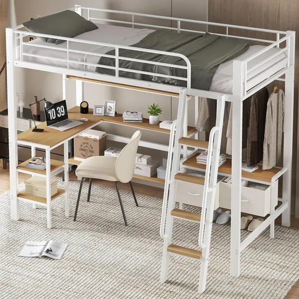 Hochbett mit Schreibtisch, Kleiderstange, Schubladen, Regal, Rausfallschutz und Leiter, Kinderbett, Metallbett, 90x200cm