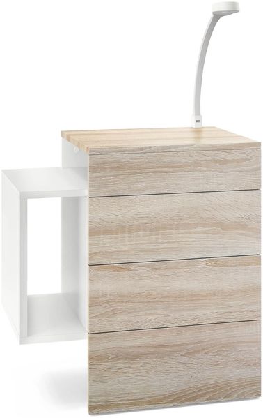 Vladon Nachttisch Queens, Nachttischschrank mit 2 Schubladen und 1 seitlichem Fach zur Wandmontage, Weiß matt/Eiche Sägegrau, inkl. LED Flexi Lampe weiß (60 x 63 x 36 cm)