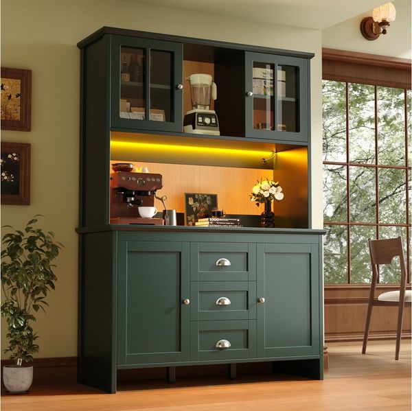 MODFU Hochschrank Küchenschrank Sideboard (mit LED-Beleuchtung, braunen Glastüren & verstellbaren Einlegeböden, 1-St, 120 x 40 x 179 cm)