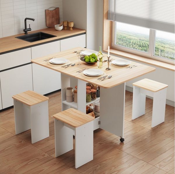 Mondeer Essgruppe Esstisch mit 4 Hockern, Platzsparend, 3-in-1-Funktion, Rollbar & Stabil 120x80 cm