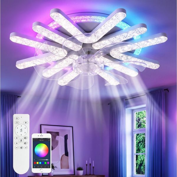 oyajia Deckenleuchte Leise Deckenventilator mit Beleuchtung 99W Deckenlampe Mit Ventilator, LED fest integriert, kaltweiß, warmweiß, neutralweiß, RGB, led Deckenleuchte Mit Ventilator, RGB dimmbar, 6-Gang, Timer, 45×11 cm