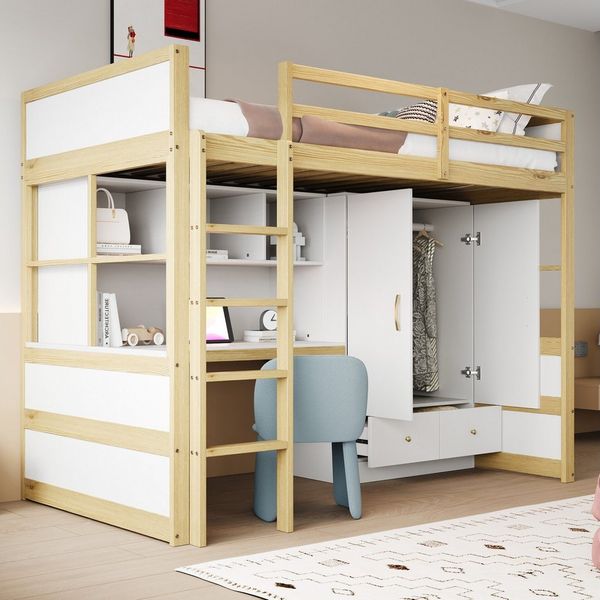 REDOM Kinderbett mit Leiter, Schreibtisch & Stauraum, Kleiderschrank und Schubladen (Hochbett Einzelbett, 90x200 cm), ohne Matratze