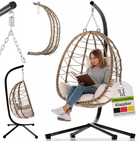 Juskys 'Aria' Hängesessel mit Kissen, höhenverstellbar & faltbar, Polyrattan beige, bis 130 kg belastbar
