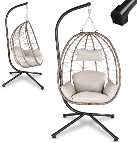 Juskys 'Aria' Hängesessel mit Kissen, höhenverstellbar & faltbar, Polyrattan beige, bis 130 kg belastbar