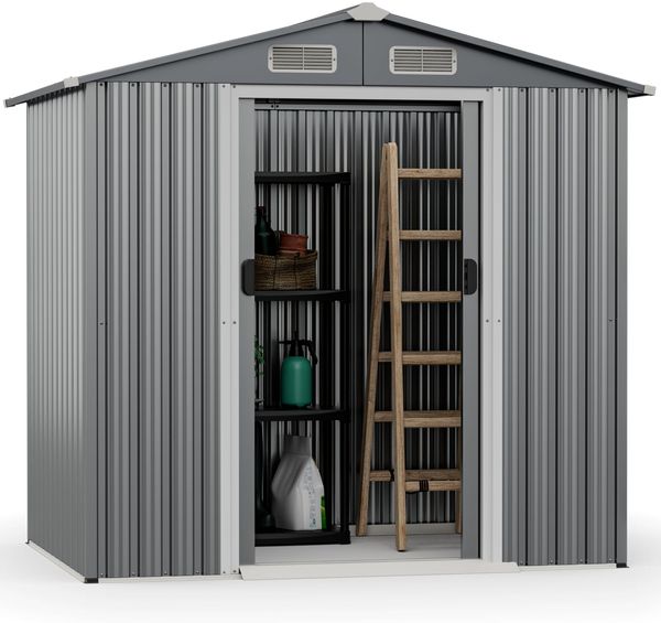 Outdoor Lagerschuppen 196 x 142 cm wetterfester Galvanisierter Metall-Geräteschuppen mit Luftschlitzen Grau