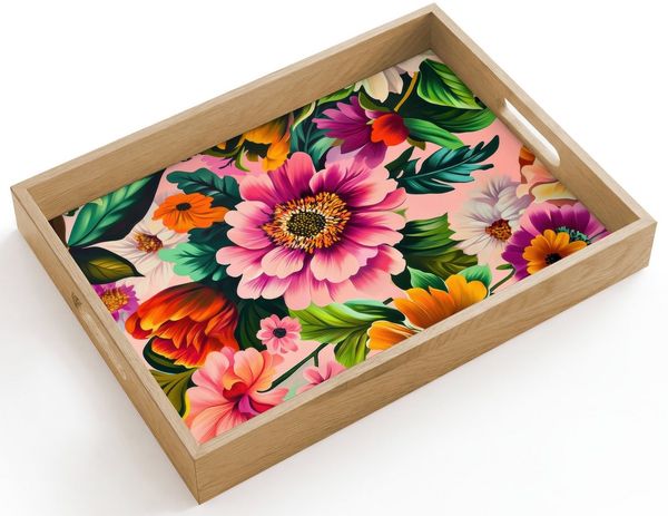 OnlyWow Tablett Rechteckig mit Henkel Blumen - Bunt - Rosa, Eichenholz, (1-tlg), Siervierplatte, Tray, Frühstücksbrett