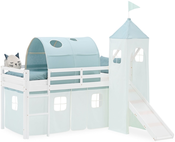 Hochbett Kinder 90x200 cm mit Rutsche Kinderbett Kinderhochbett Stockbett Vorhang Tunnel Turm Grün Mintgrün