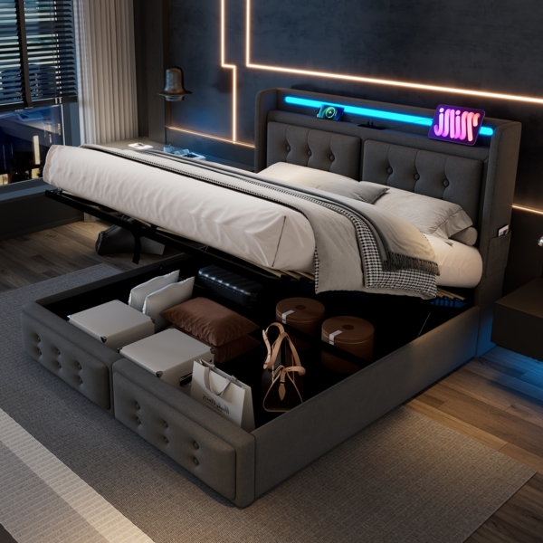 Polsterbett 180×200 cm mit Ladefunktion & LED-Beleuchtung, Stauraum, Baumwoll-Leinen Bezug Grau Bild 4
